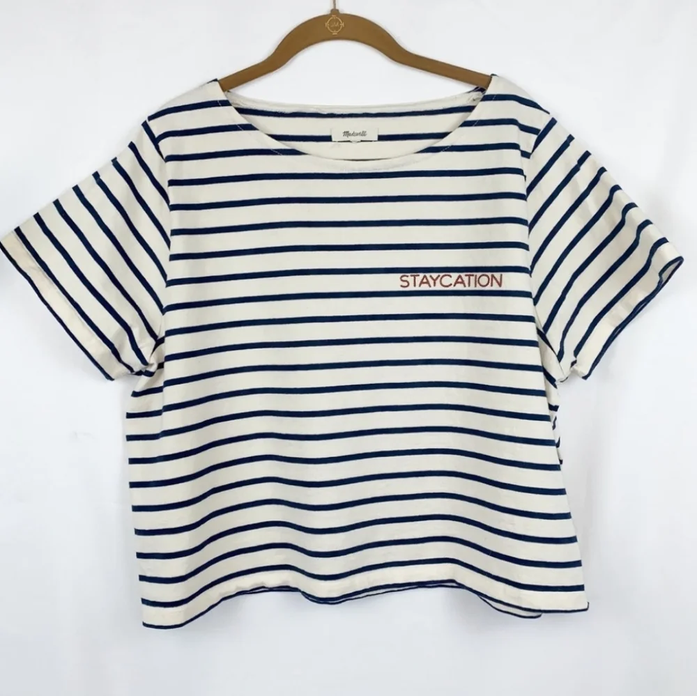 MADEWELL Staycation Embroidered Boxy Blue Ecru Stripe Tee NWT - Picture 10 of 11